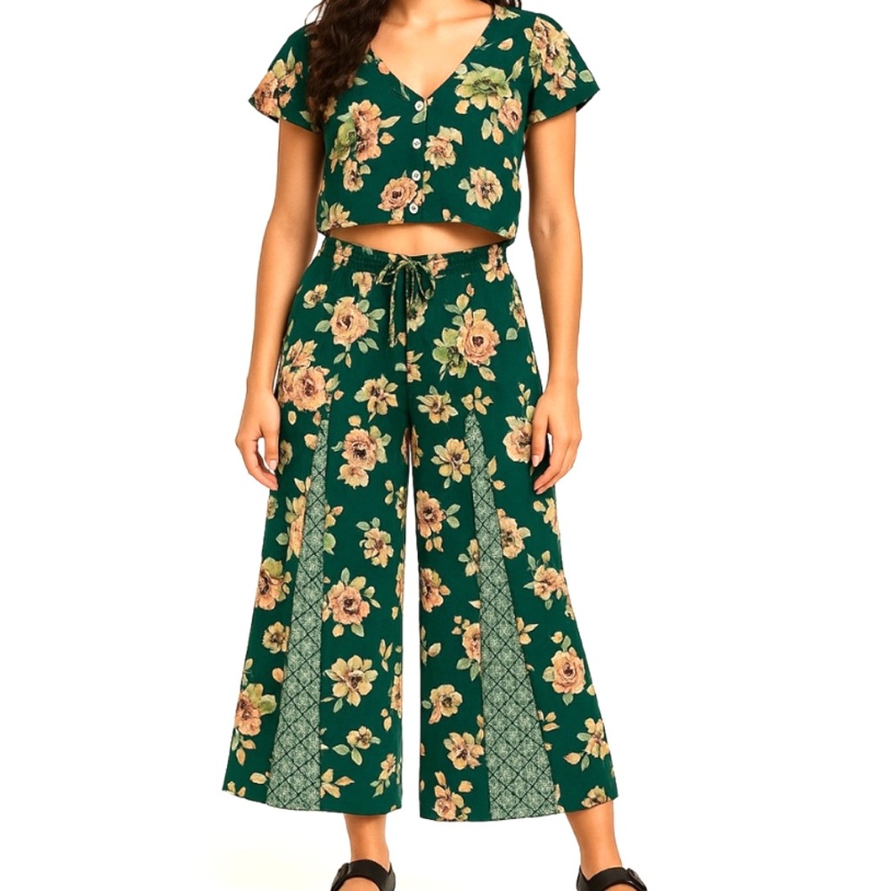 Boho Green Floral Two Piece Set Crop Top Wide Leg Pants Festival Outfit